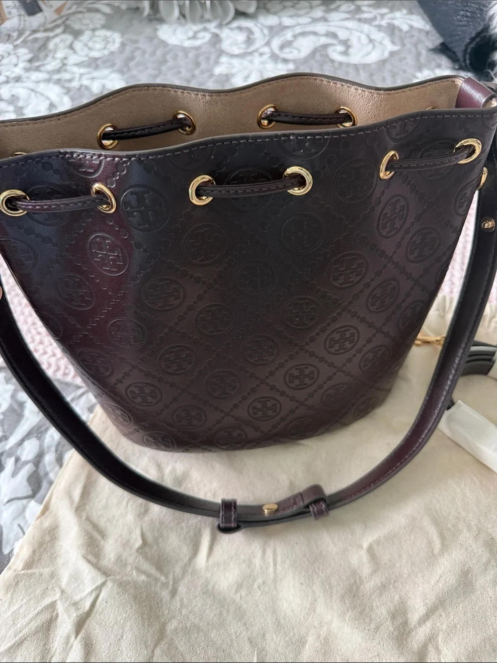 Tory Burch Embossed Maroon Leather Drawstring Bucket Bag with Gold Hardware NWT